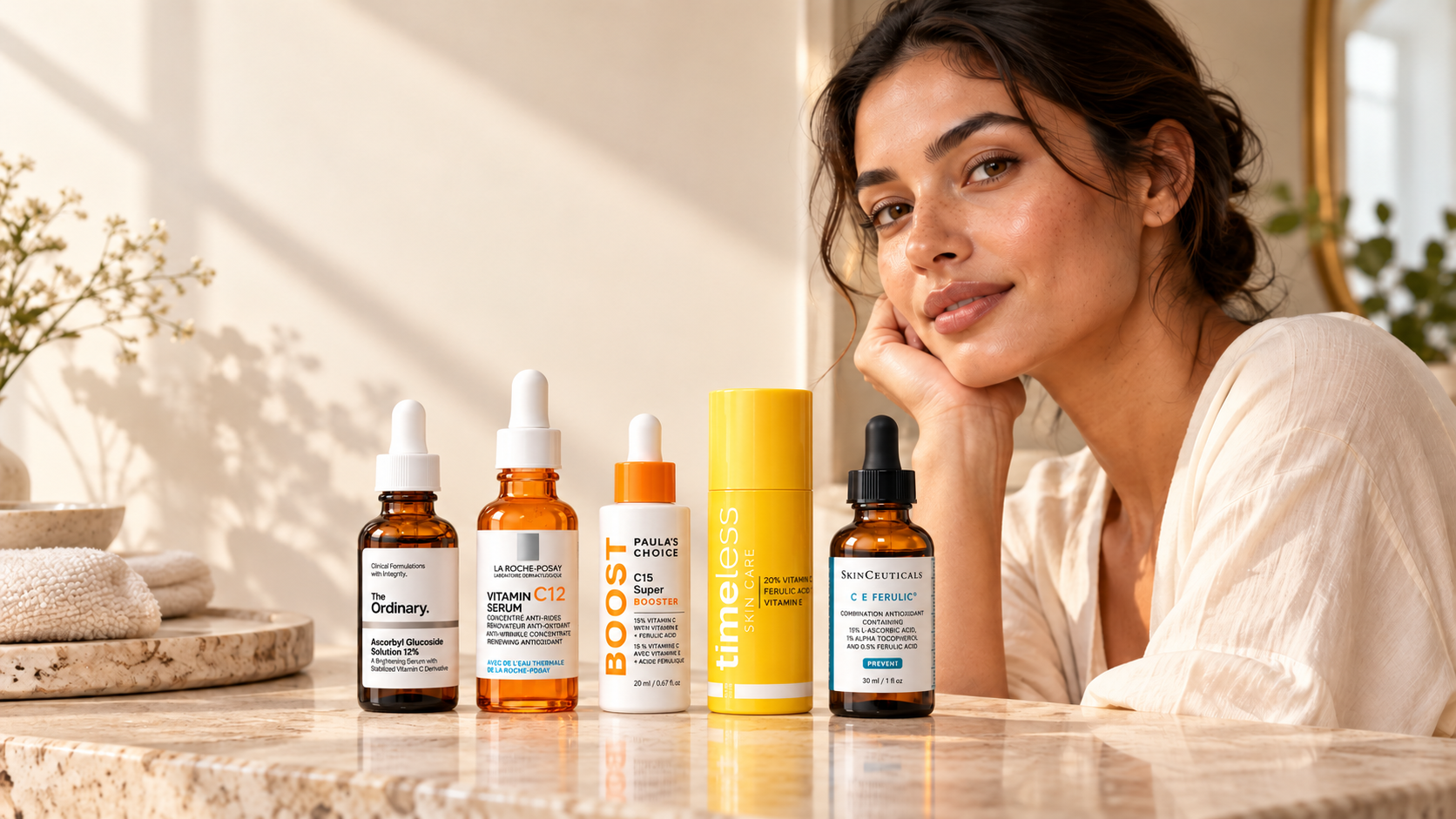 Woman beside five vitamin C face serums from The Ordinary, La Roche-Posay, Paula’s Choice, Timeless and SkinCeuticals