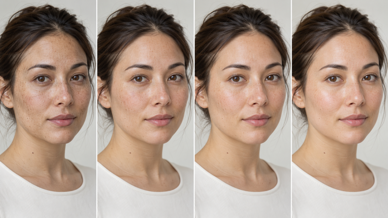 Four-panel illustration of the same face with gradually brighter-looking skin