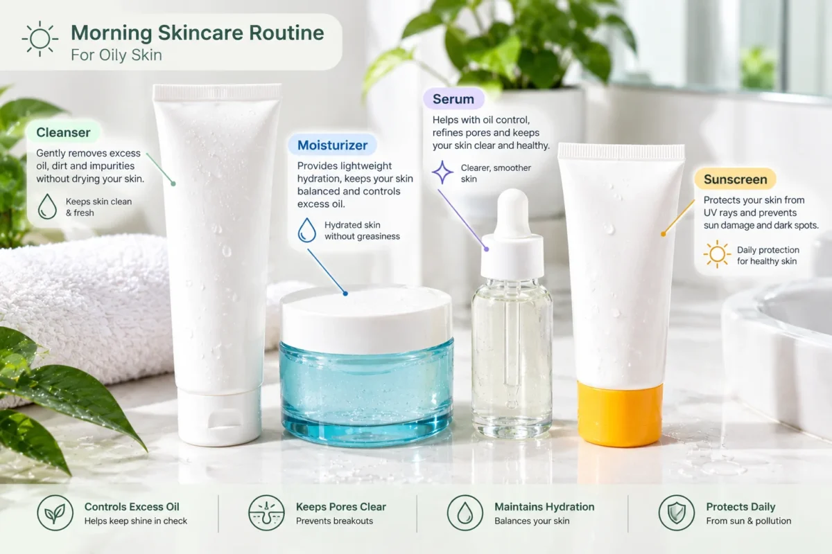 Simple oily skin skincare routine with cleanser moisturizer and sunscreen