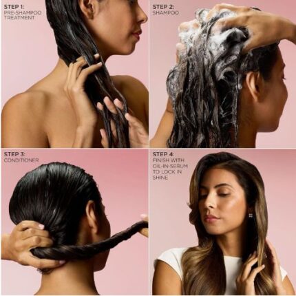 Four-step EverPure routine showing pre-shampoo, shampoo, conditioner and oil-in-serum