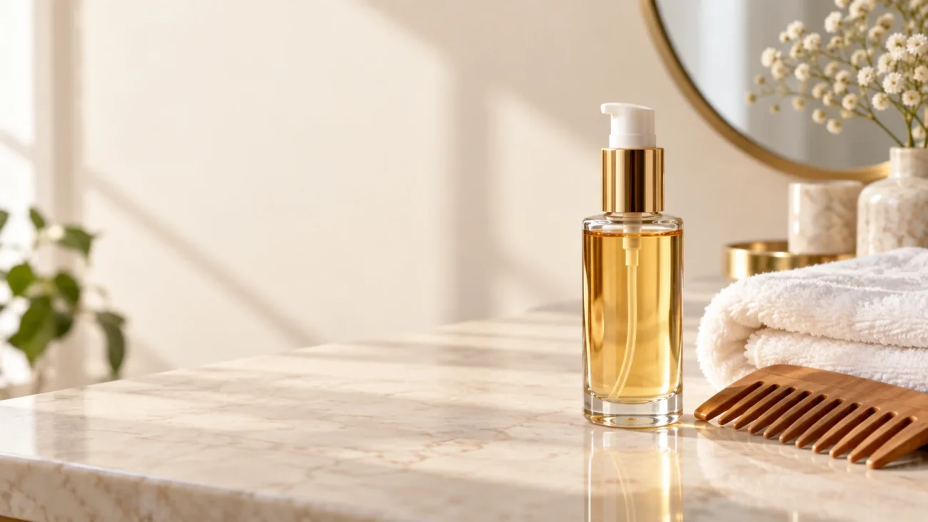 Hair serum bottle beside a wide-tooth comb and white towel