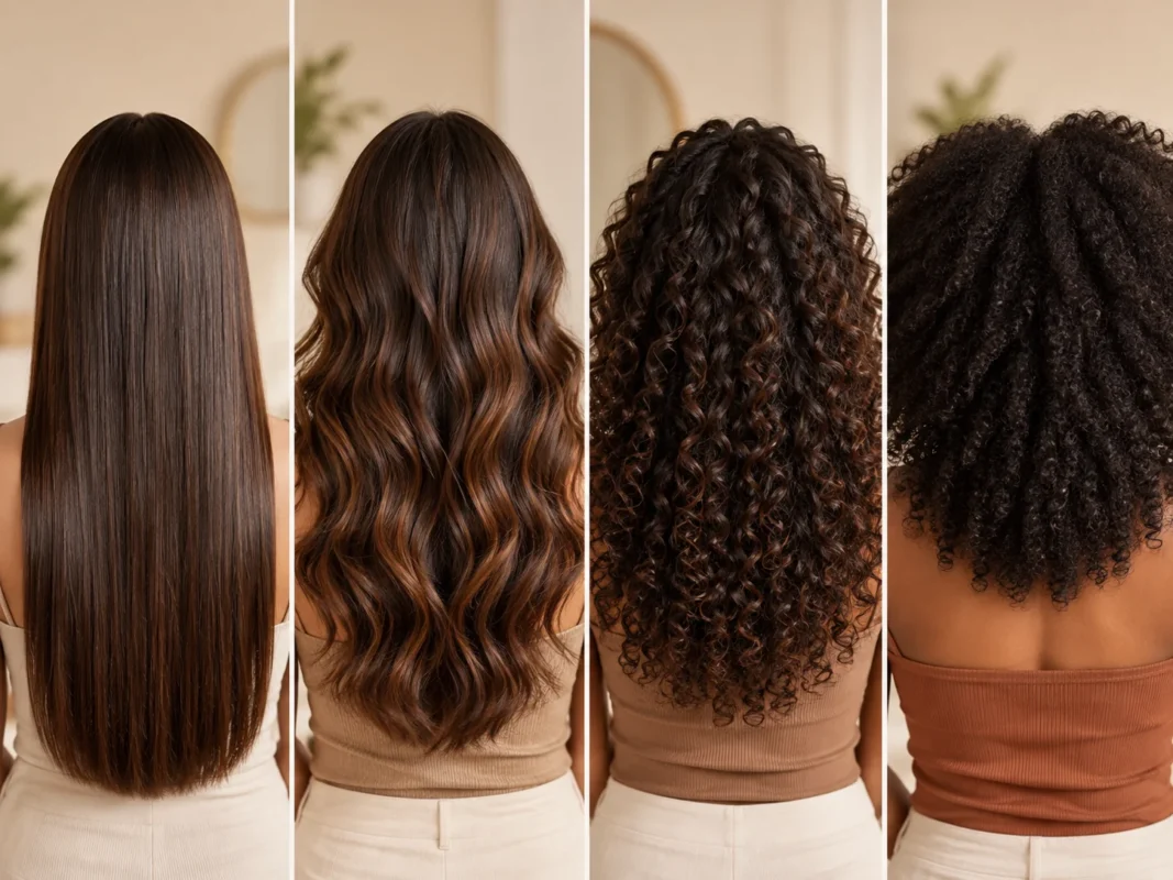 Straight, wavy, curly, and coily hair textures shown side by side