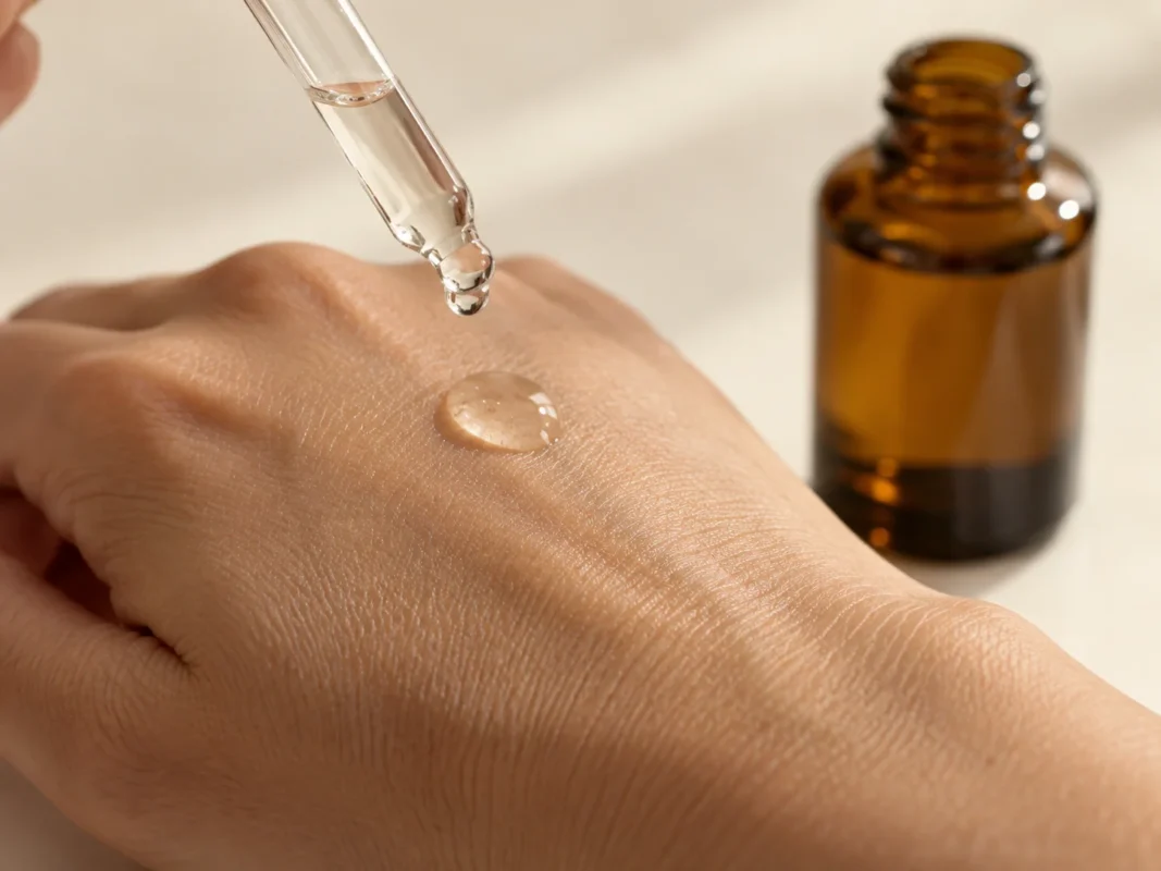 Close-up of a clear serum droplet on a hand beneath a glass dropper, featured in our Hair Growth Serums guide