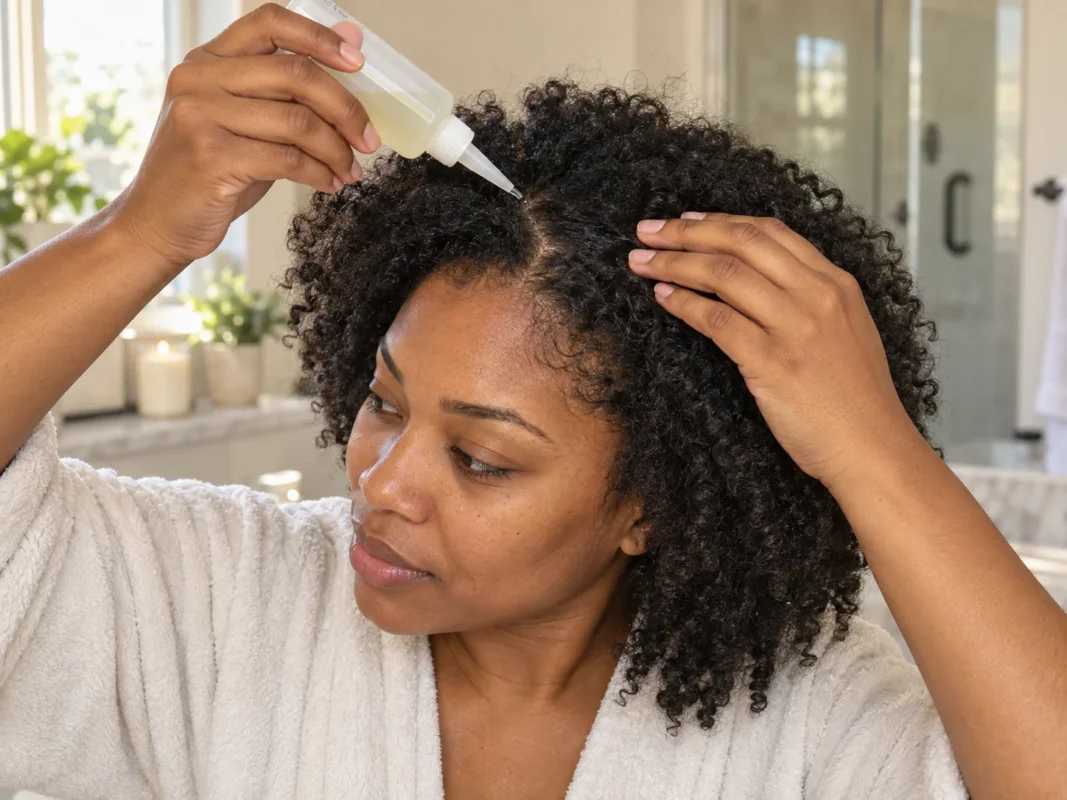 Woman applying Hair Growth Serum between sections of her natural coily hair