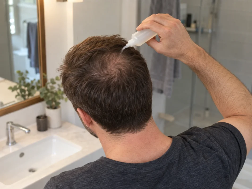 Man applying the Best Hair Growth Serum to thinning hair at the crown