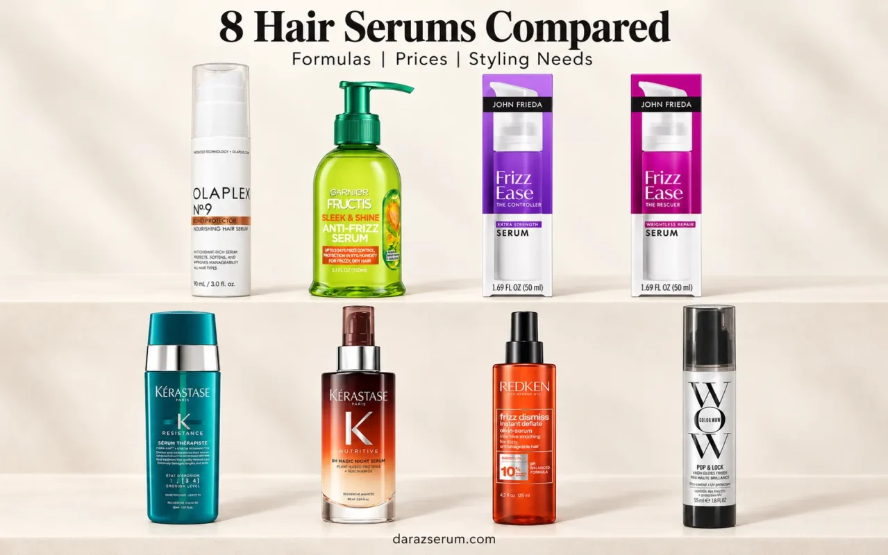 Eight hair serum bottles arranged for a comparison of formulas, prices and styling needs