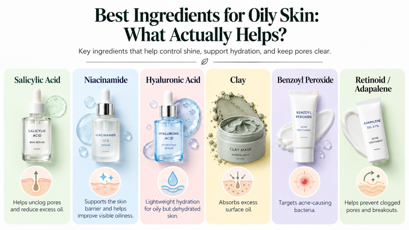 Best ingredients for oily skin, including salicylic acid, niacinamide, hyaluronic acid, clay, benzoyl peroxide, and adapalene for managing shine, clogged pores, and acne.