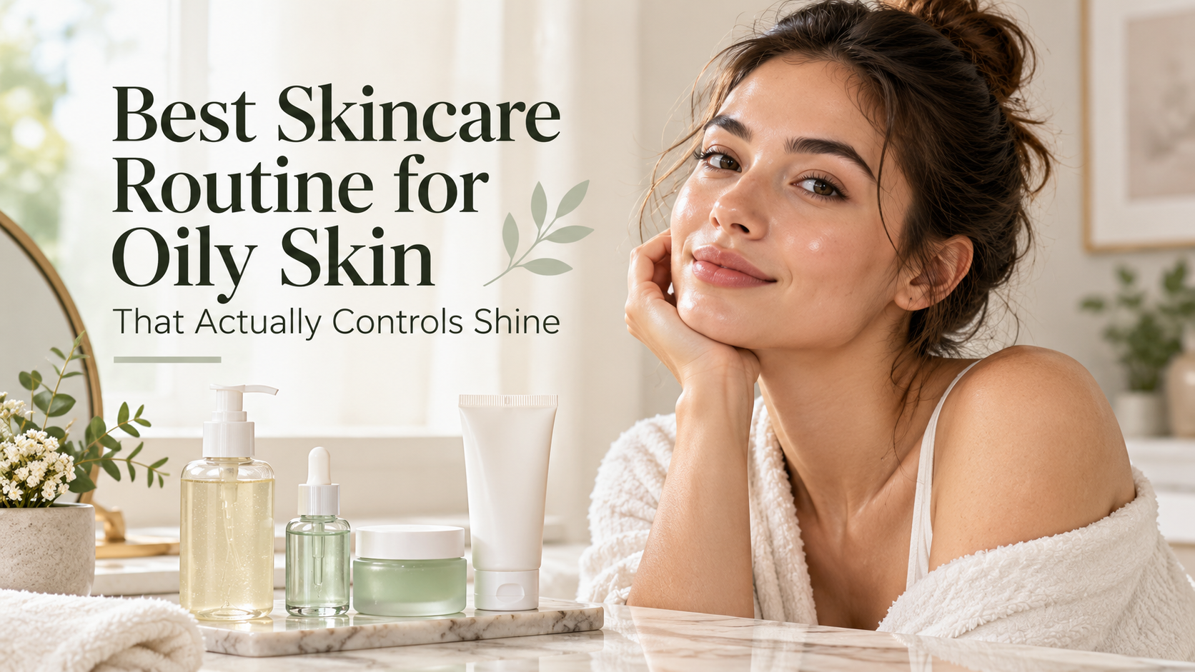 Best skincare routine for oily skin featuring cleanser, lightweight serum, moisturizer and sunscreen.
