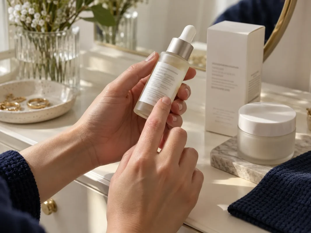 Hands checking the back label of a facial serum bottle for a Niacinamide vs Vitamin C comparison