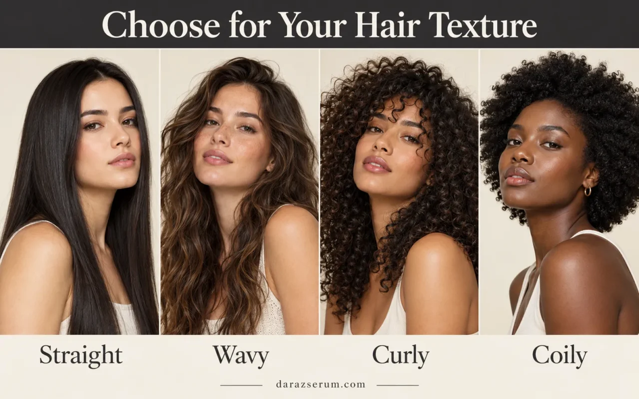 Straight, wavy, curly and coily hair shown in four portraits under a hair texture guide