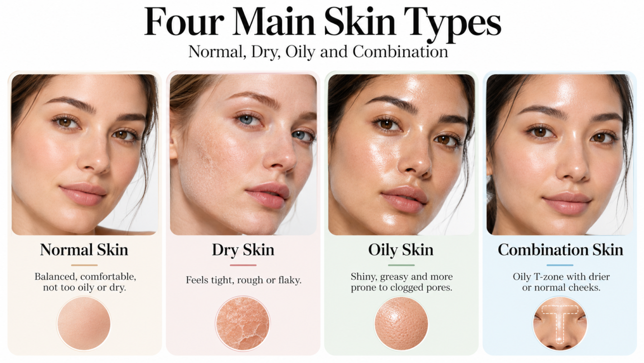 Illustration comparing four skin types: normal, dry, oily, and combination skin, showing differences in texture, shine, and hydration.
