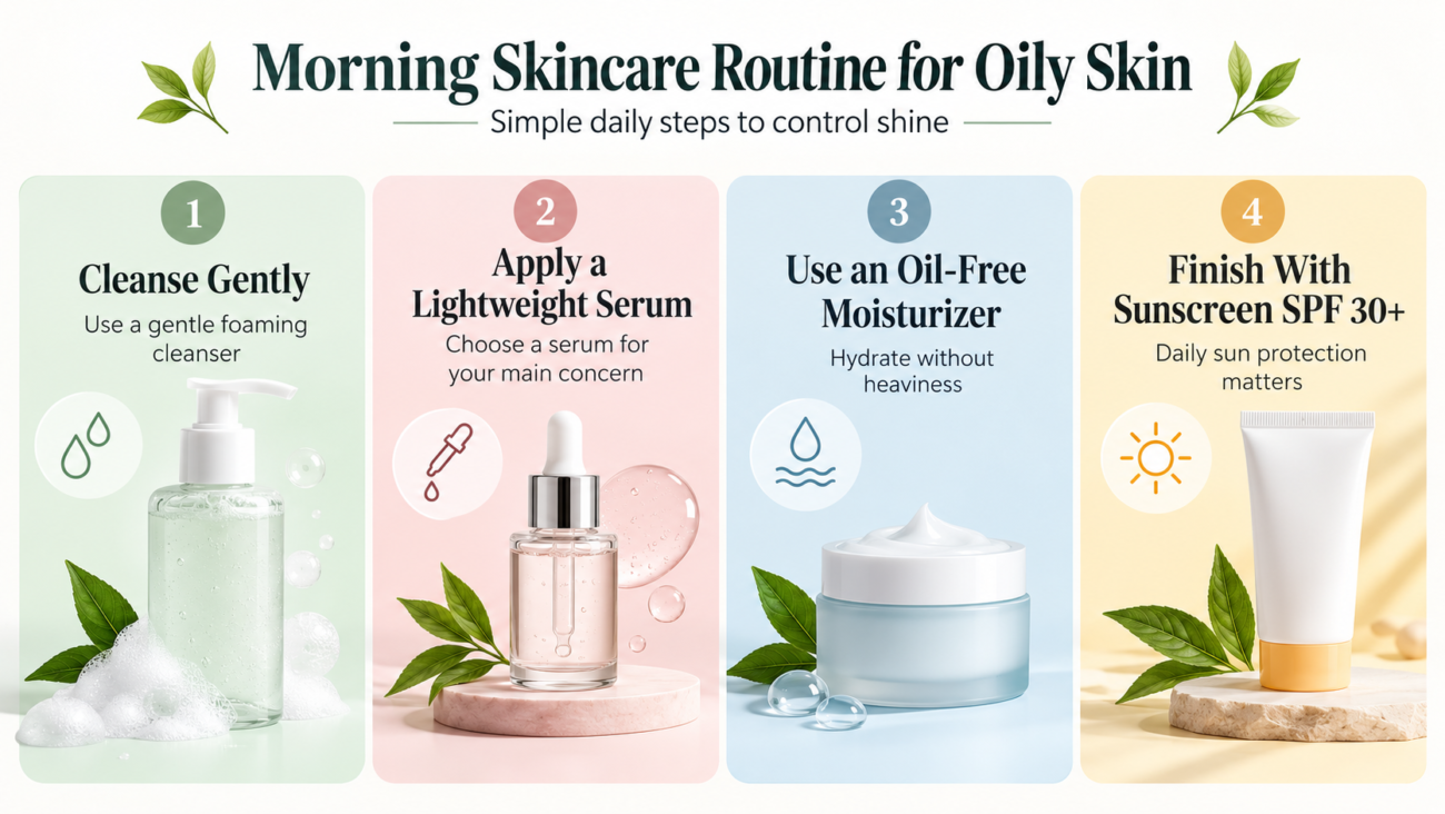 Best skincare routine for oily skin featuring cleanser, lightweight serum, moisturizer and sunscreen.