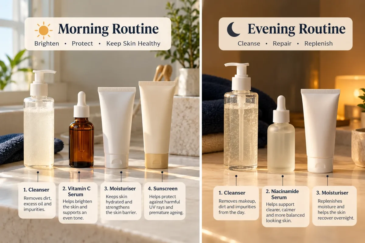 Morning: cleanser, vitamin C, moisturiser and sunscreen. Evening: cleanser, niacinamide and moisturiser
