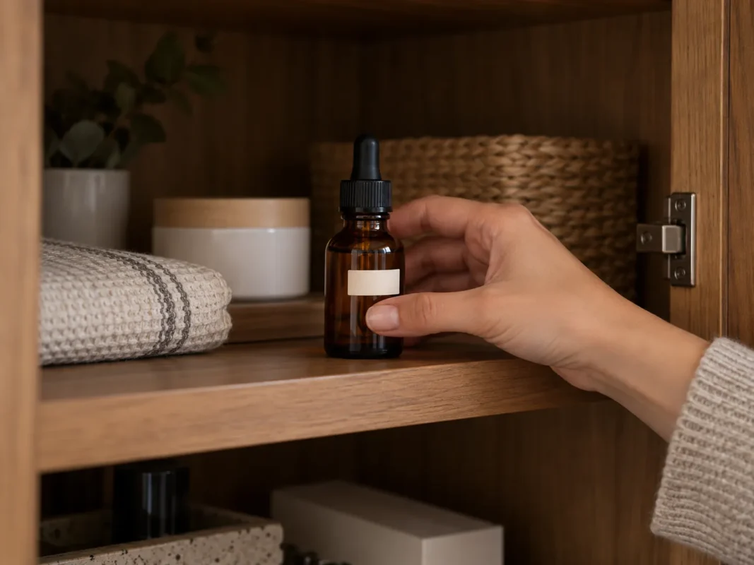 A hand placing an amber vitamin C serum bottle in a cabinet