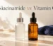 Niacinamide vs vitamin C comparison with frosted and amber serum bottles