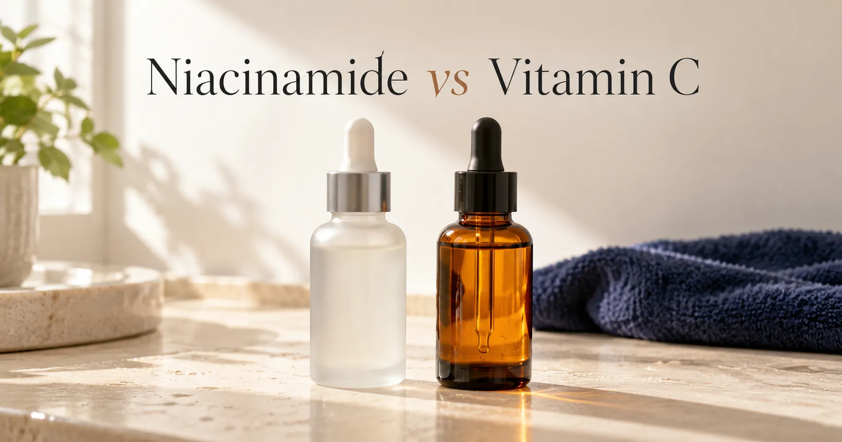 Niacinamide vs vitamin C comparison with frosted and amber serum bottles