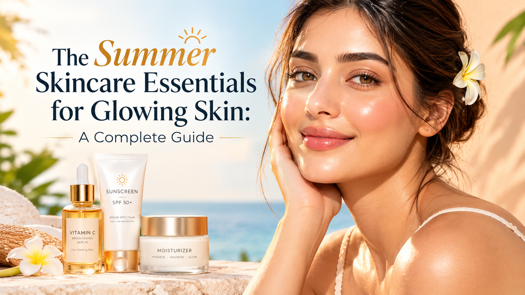 Summer skincare essentials for glowing skin with sunscreen, serum and moisturizer