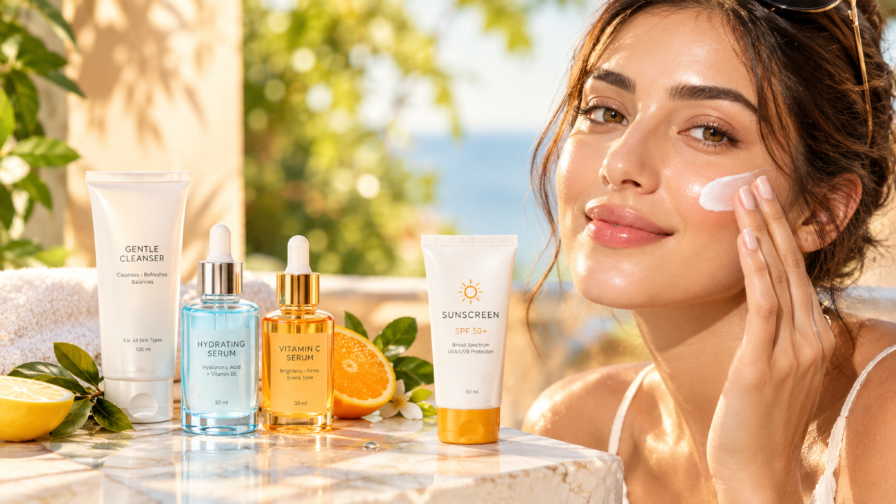 Woman applying sunscreen to her cheek with summer skincare products