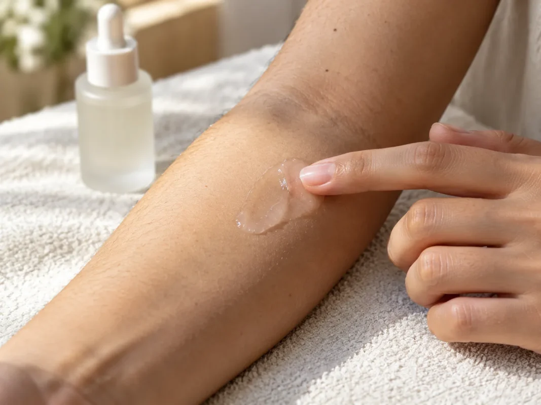 A fingertip spreading a small amount of skincare product on the inner forearm