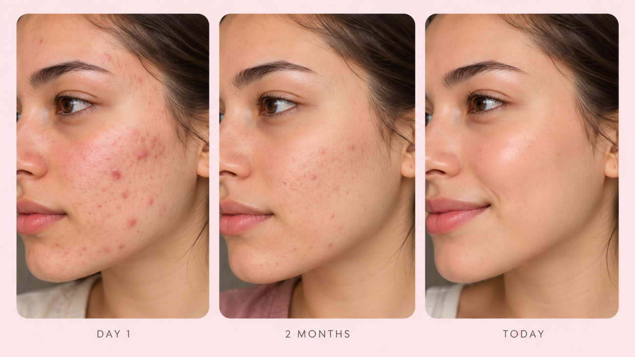 I illustration of acne-prone skin showing gradual improvement in three stages.