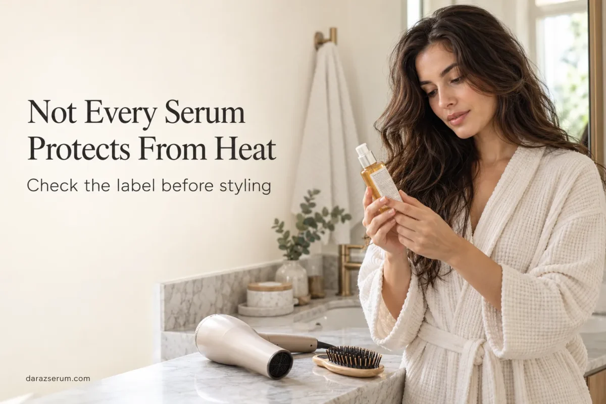 Woman checking a serum bottle label beside a blow dryer, with a reminder to verify heat protection