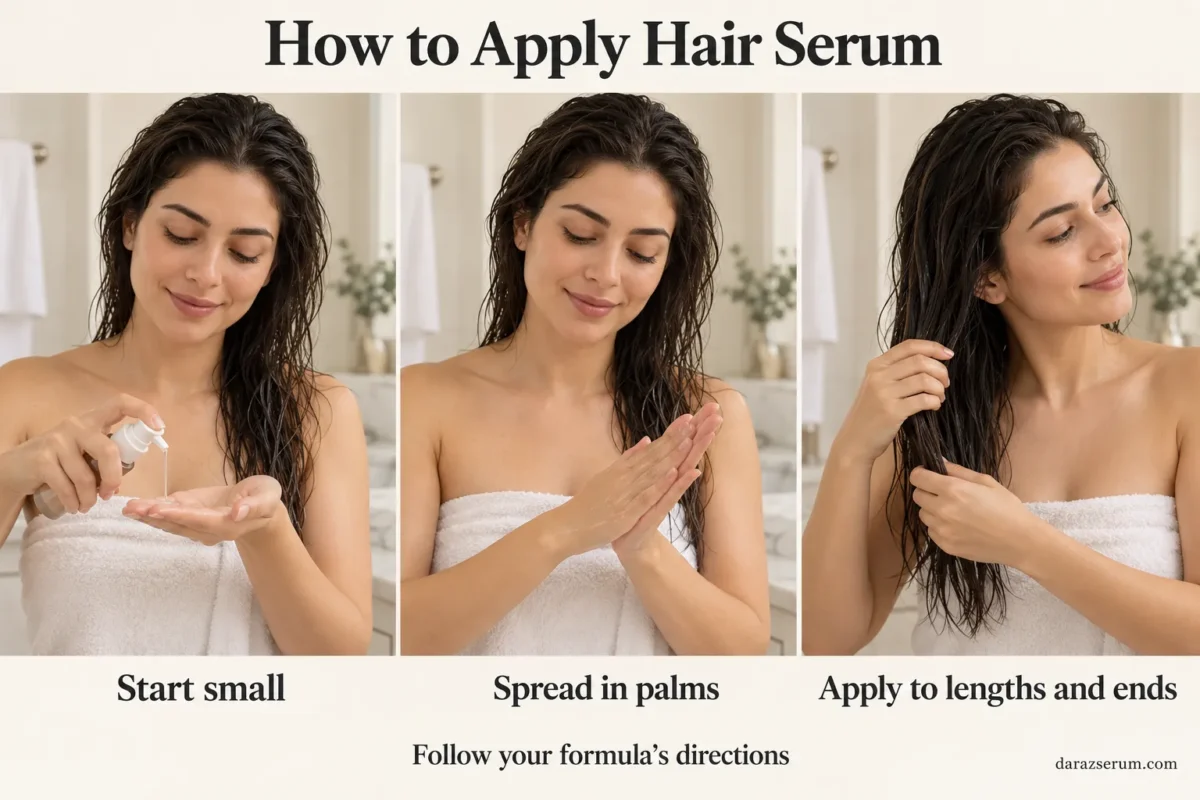 Three steps for applying serum: start small, spread in palms, then smooth through mid-lengths and ends