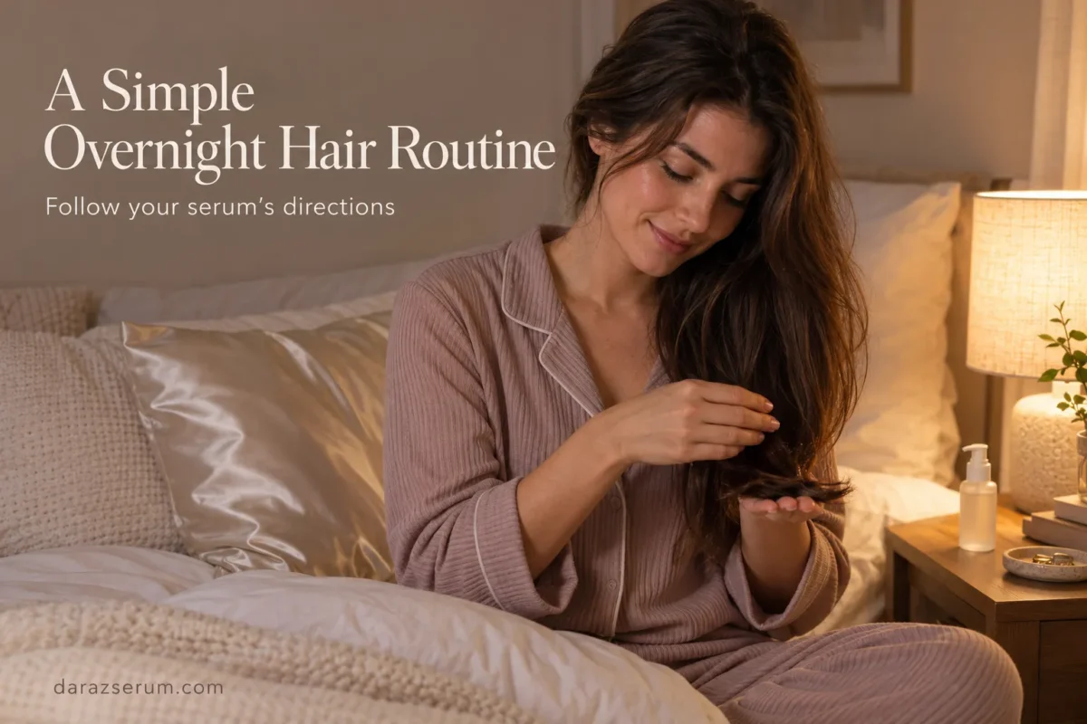 Woman applying serum to her hair ends before bed under the heading A Simple Overnight Hair Routine